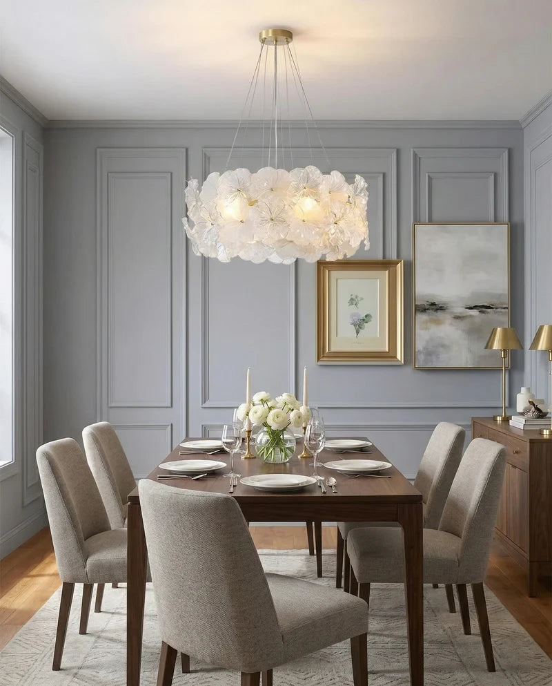 Modern Brass Hydrangea Chandelier in Formal Dining Room