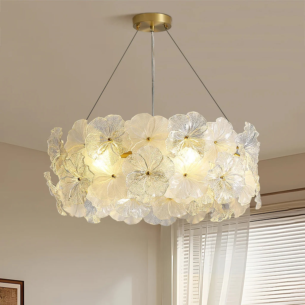 Modern White Hydrangea Petal Art Glass Chandelier in Bright Master Bedroom