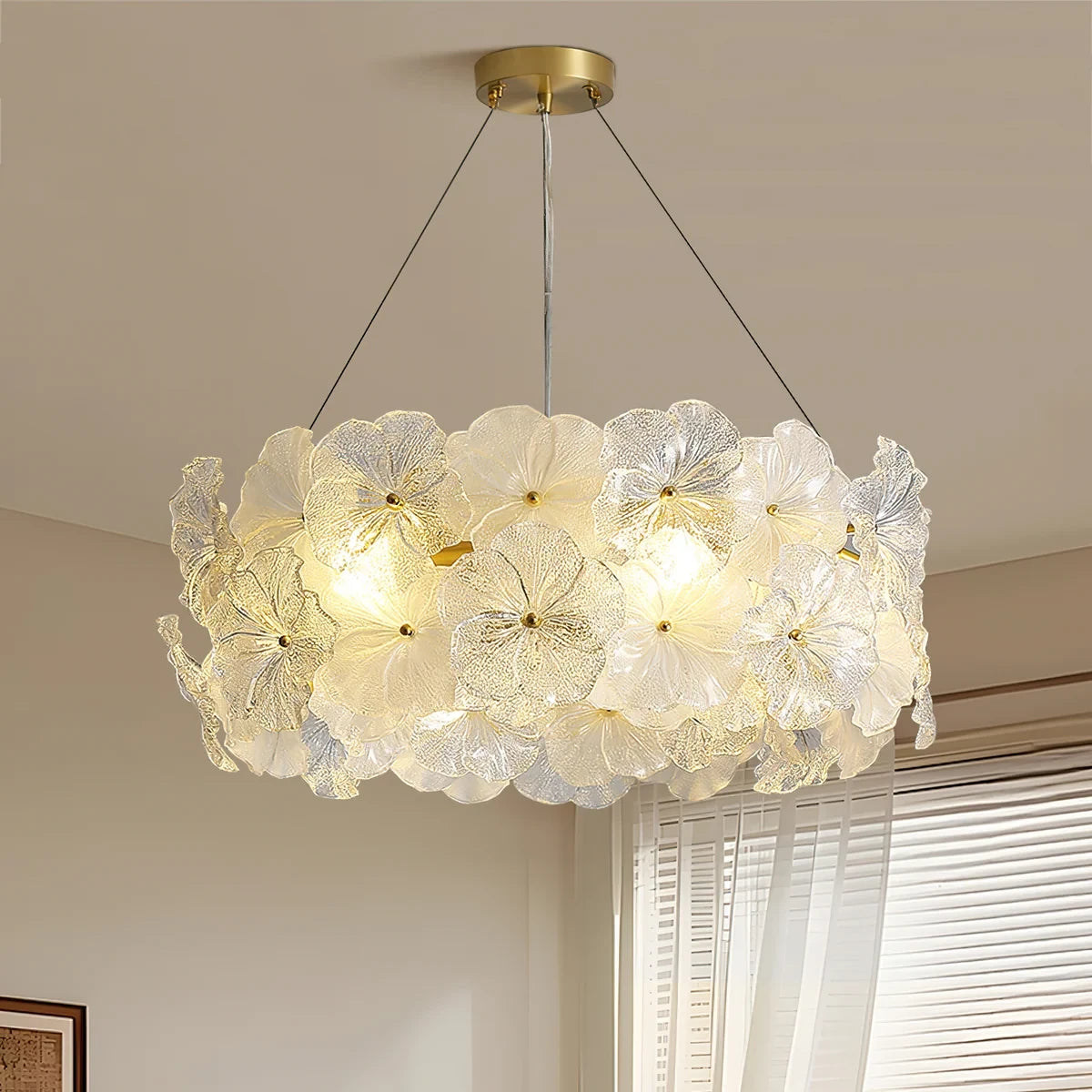 Modern White Hydrangea Petal Art Glass Chandelier in Bright Master Bedroom