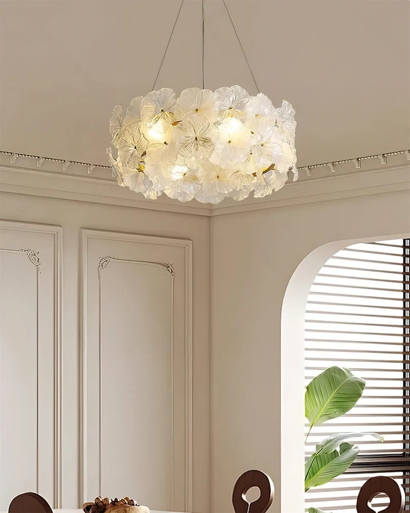 Modern White Hydrangea Petal Art Glass Chandelier in Classic Architecture Interior