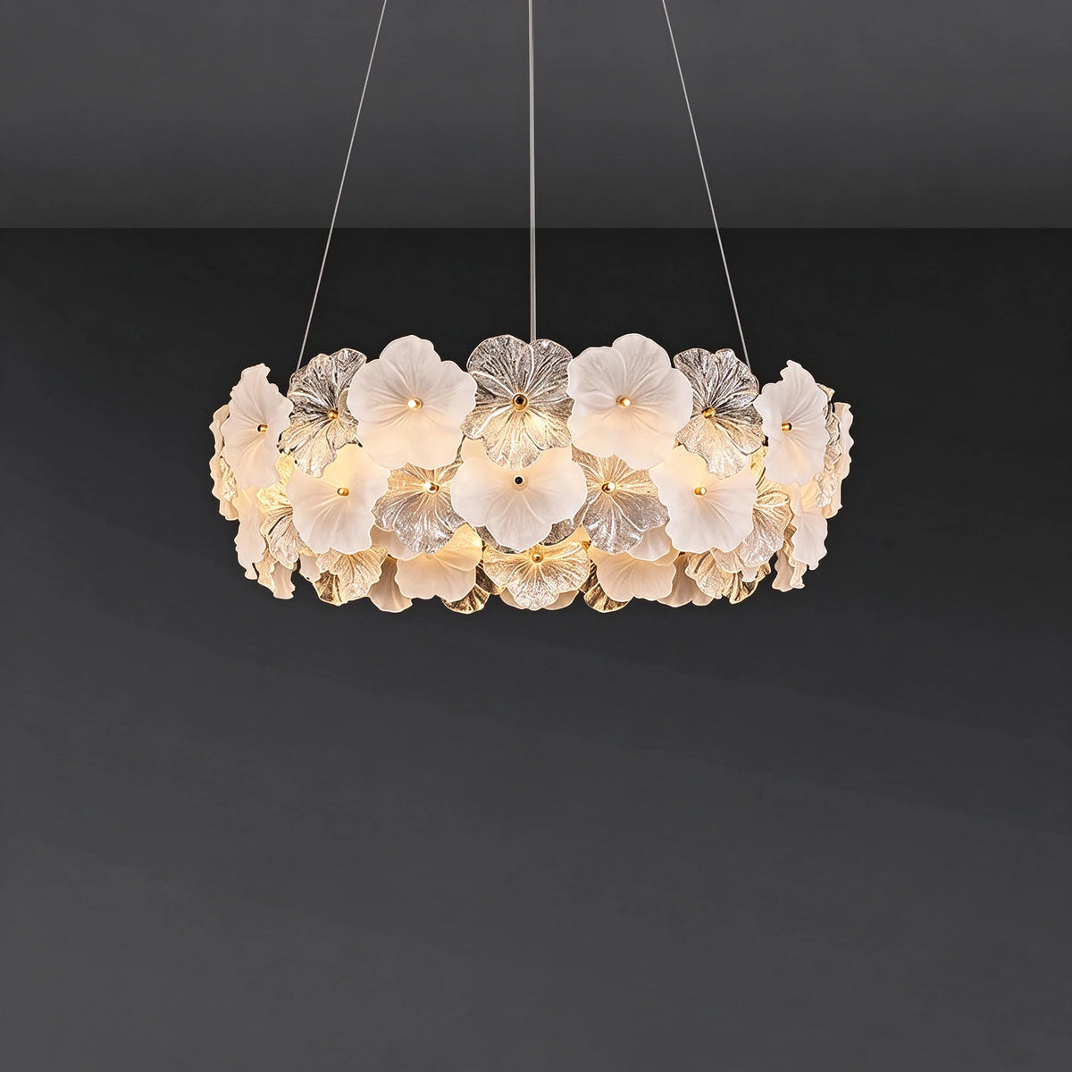 Illuminated Modern White Hydrangea Petal Art Glass Chandelier Studio Shot on Dark Background