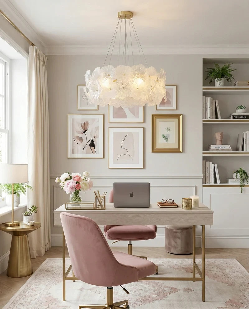 Modern Brass Hydrangea Chandelier in Home Office Study Space