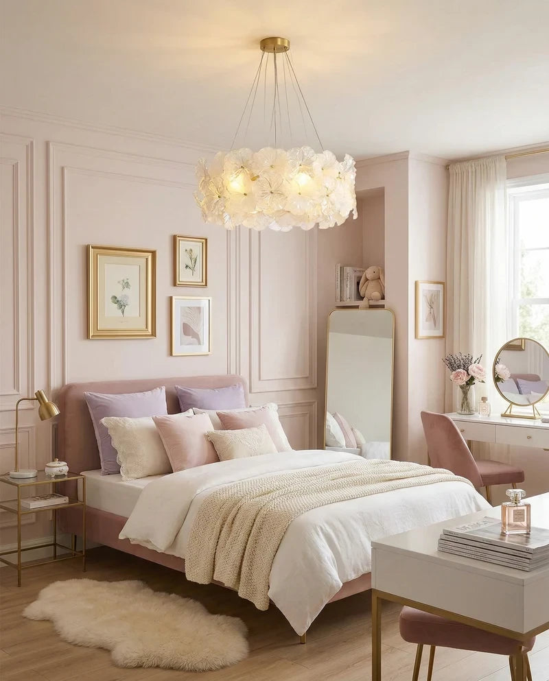 Modern White Hydrangea Petal Art Glass Chandelier in Master Bedroom Setting