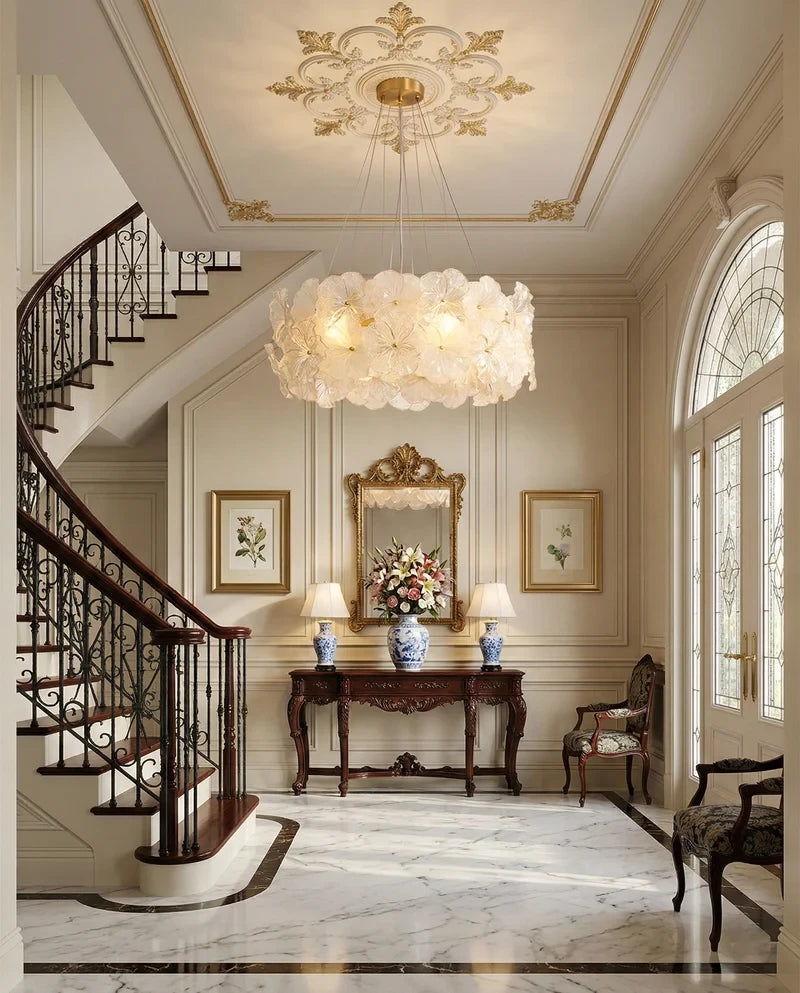 Modern Brass Hydrangea Chandelier in Grand Staircase Foyer