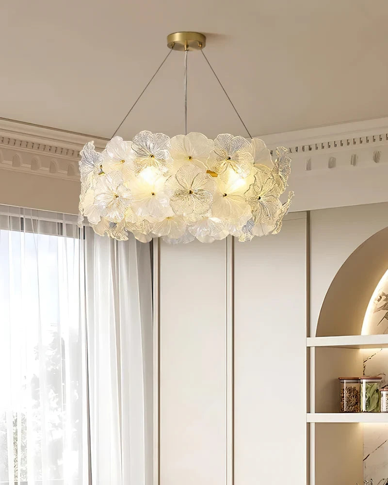 Modern White Hydrangea Petal Art Glass Chandelier in Elegant Living Space