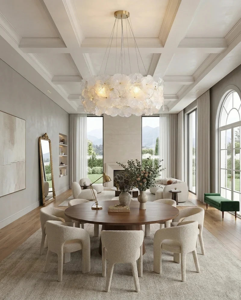 Modern Brass Hydrangea Chandelier in Open Plan Dining Setting