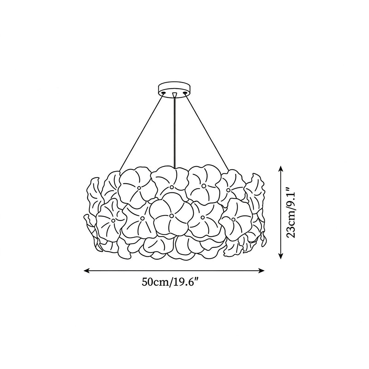 Modern Small Hydrangea Petal Art Glass Chandelier Line Art Dimension Diagram