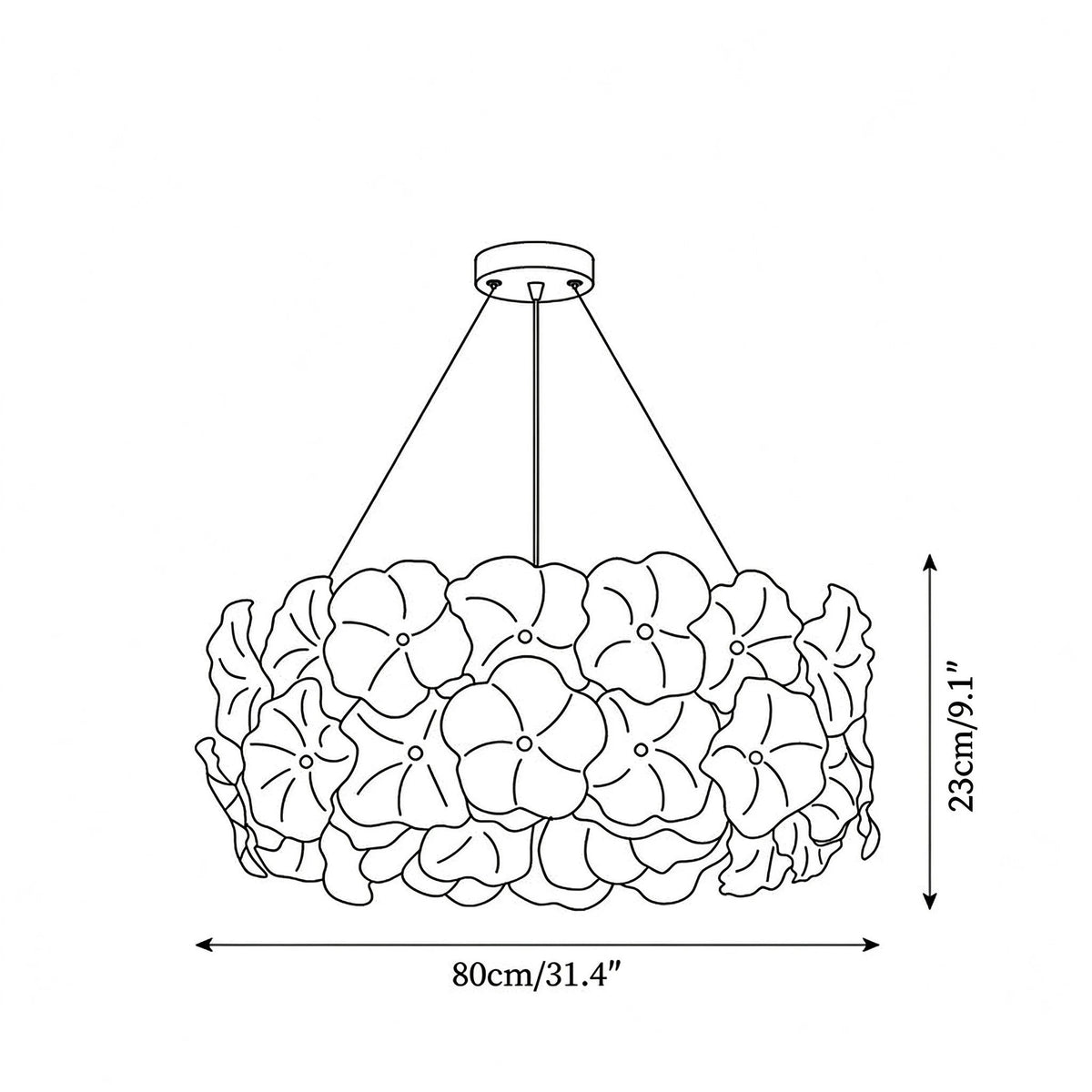 Modern Large Hydrangea Petal Art Glass Chandelier Line Art Dimension Diagram