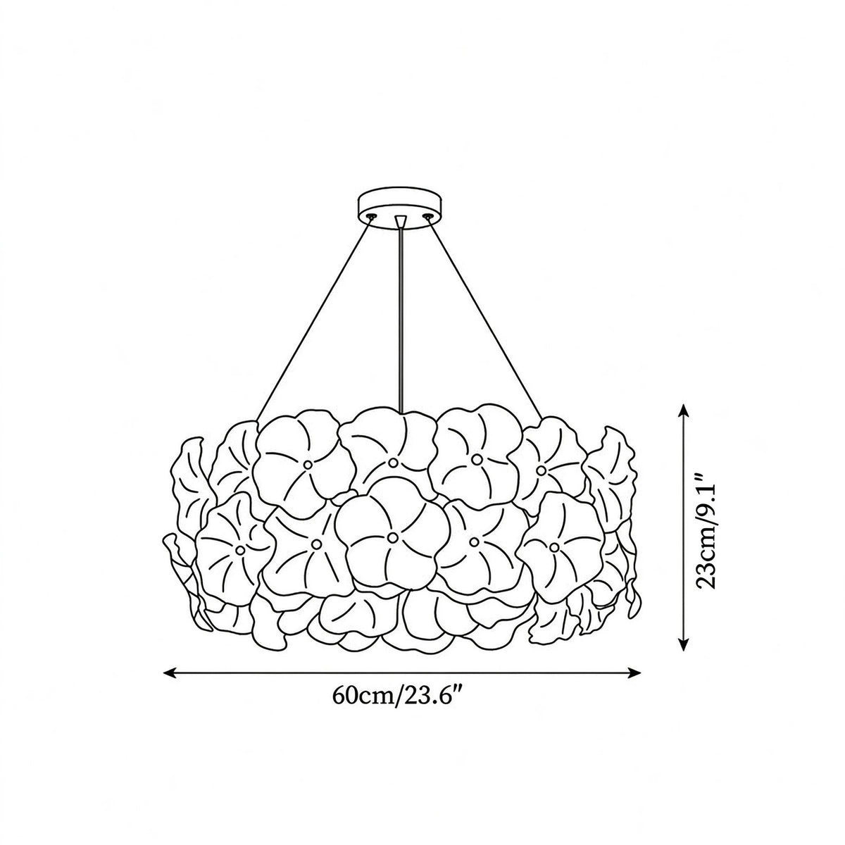 Modern Medium Hydrangea Petal Art Glass Chandelier Line Art Dimension Diagram