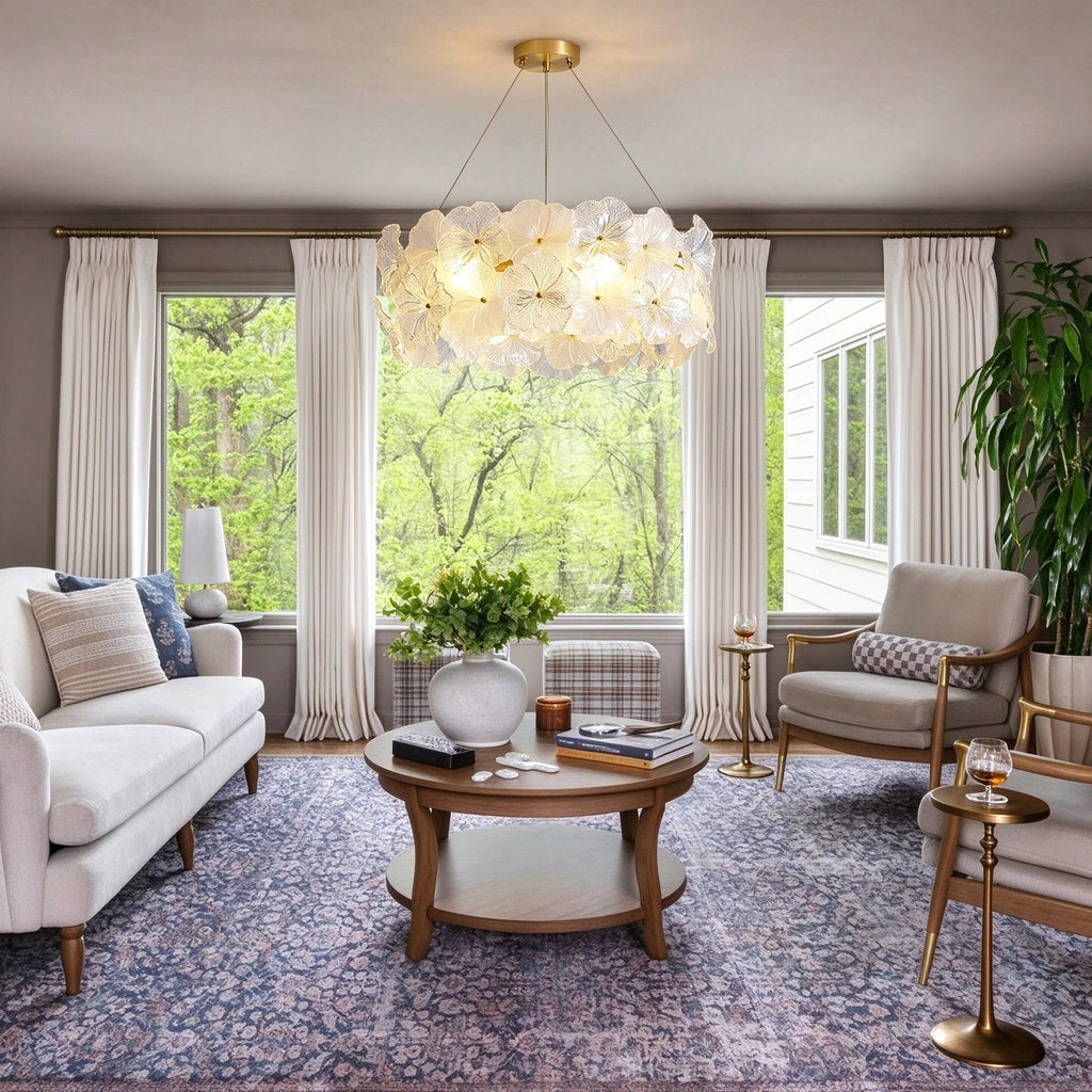 Modern Brass Hydrangea Chandelier in Contemporary Living Room