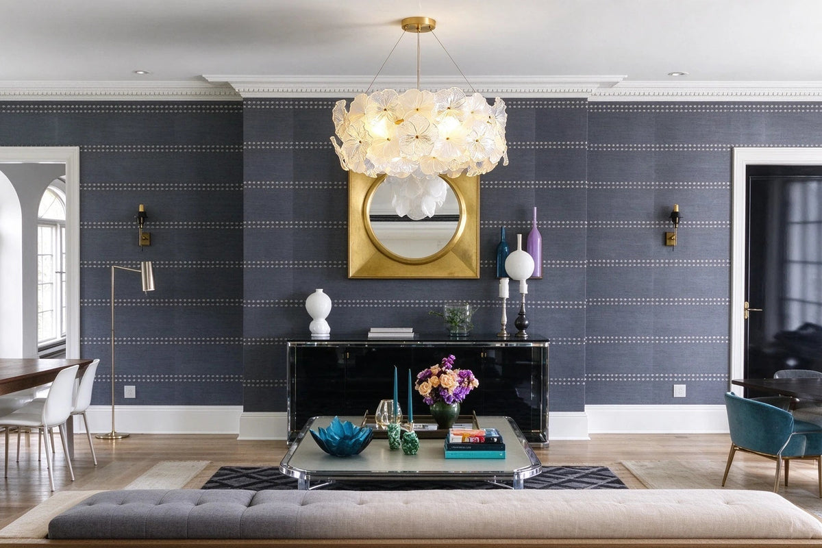 Modern White Hydrangea Petal Art Glass Chandelier in Formal Living Room