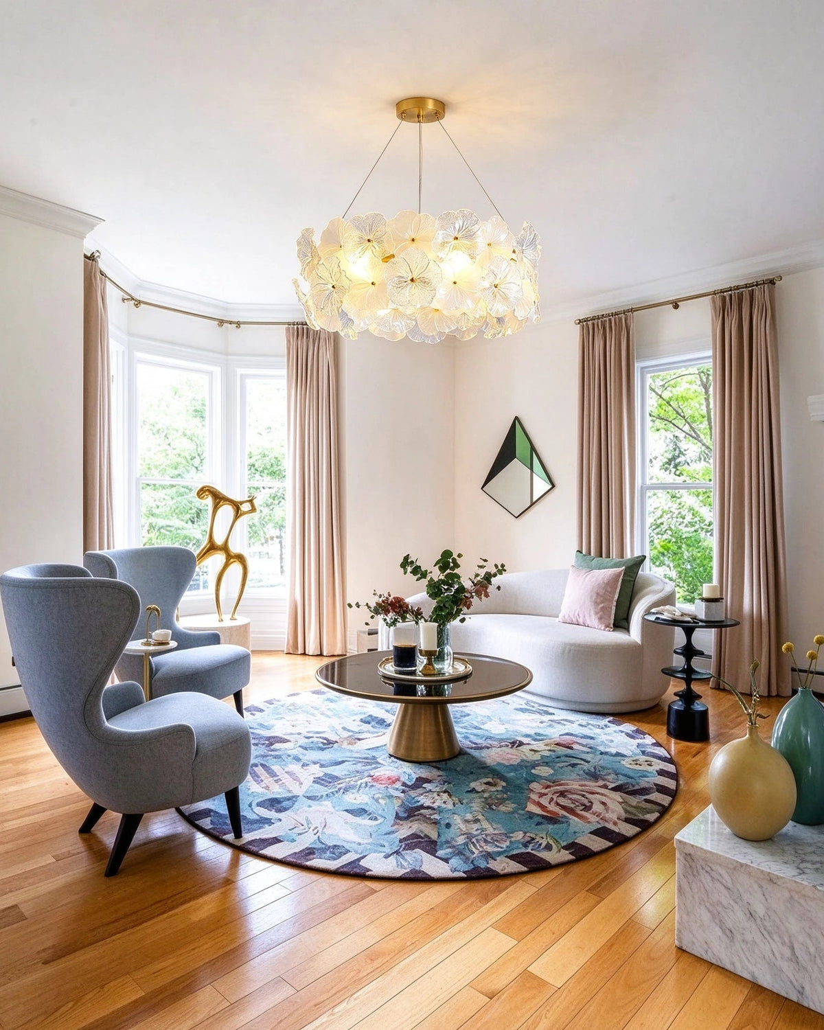 Modern Brass Hydrangea Chandelier in Nordic Living Room Setting