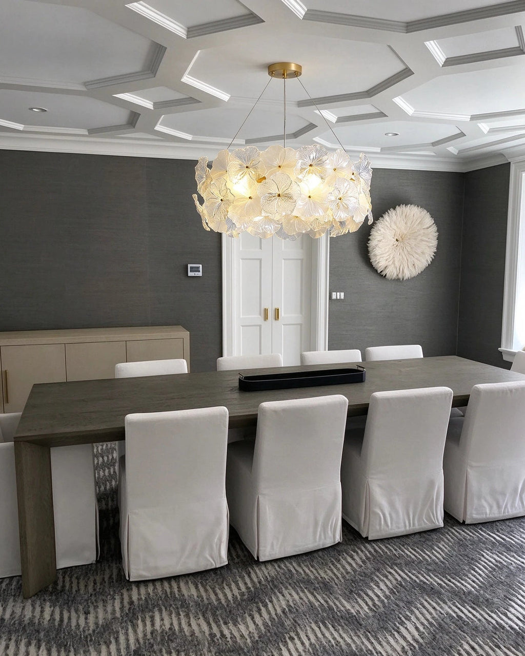 Modern White Hydrangea Petal Art Glass Chandelier in Luxury Dining Area