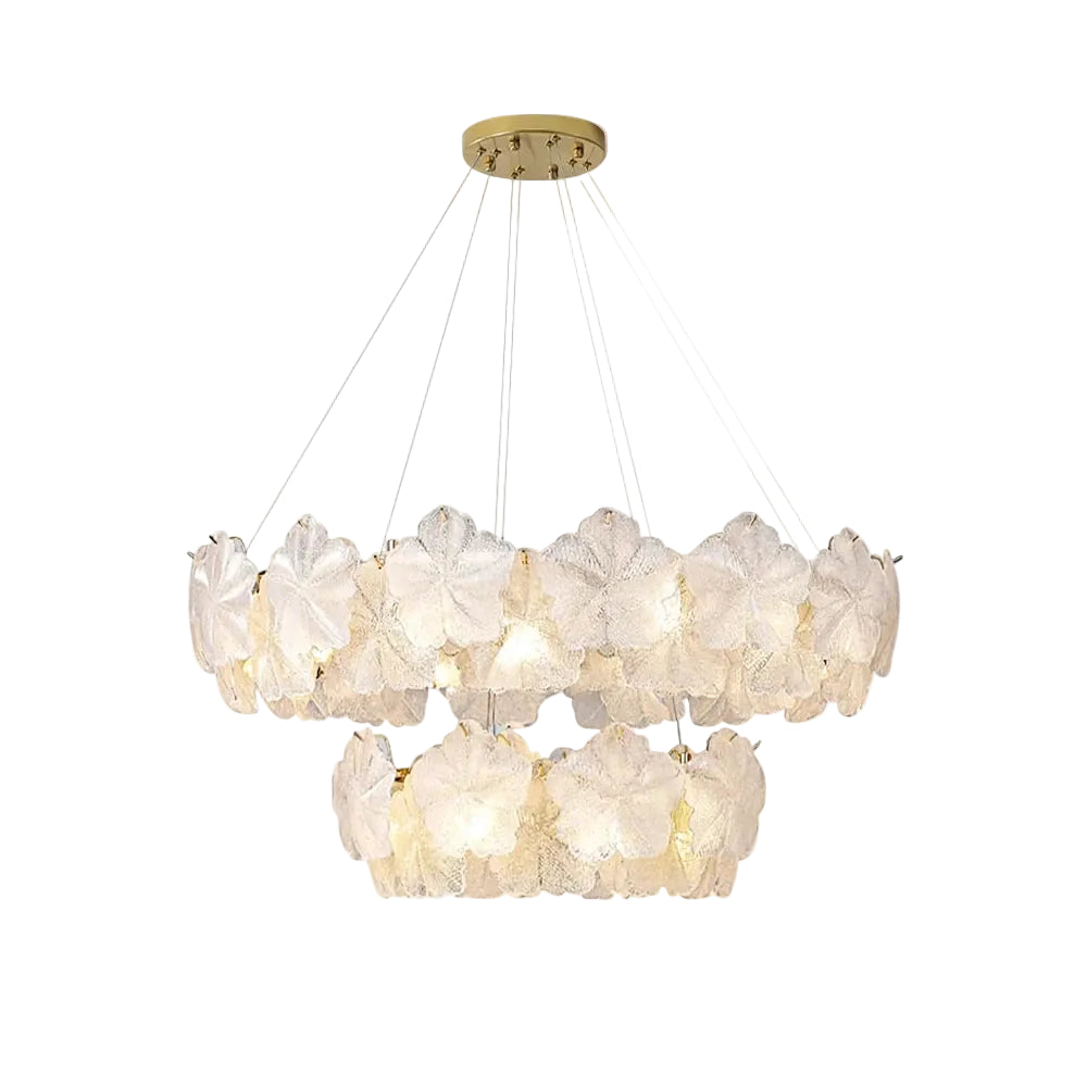 Modern Brass and White Rounded Petal Art Glass Multi-Tier Chandelier with Gold Canopy on Pure White Background