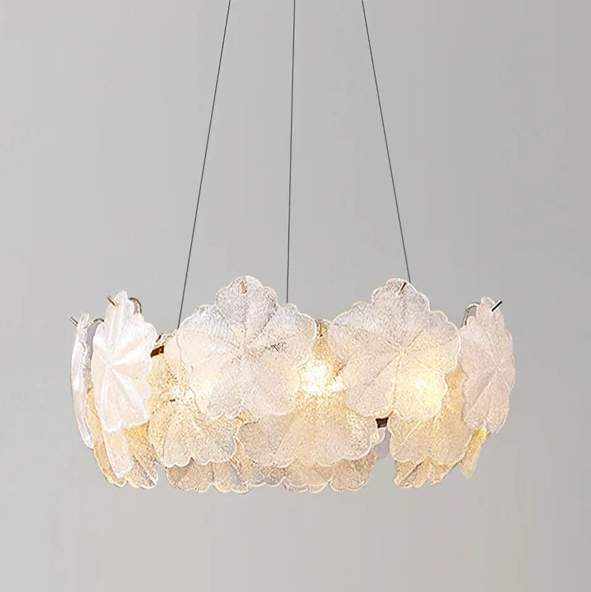 Illuminated Modern White Rounded Petal Art Glass Double-Tier Chandelier Studio Shot
