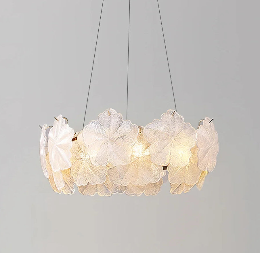 Illuminated Modern Brass White Rounded Petal Single-Tier Chandelier Studio Display