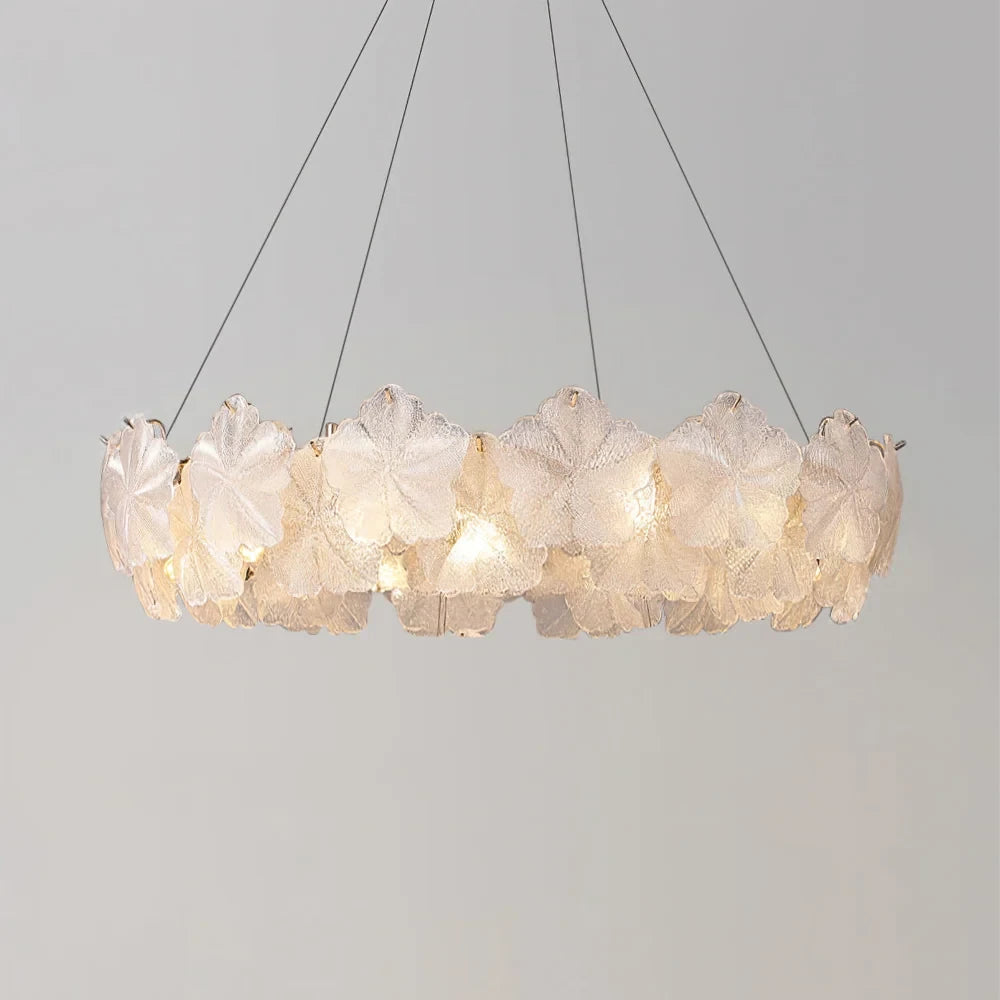 Illuminated Modern Brass White Rounded Petal Chandelier Ambient Lighting Display