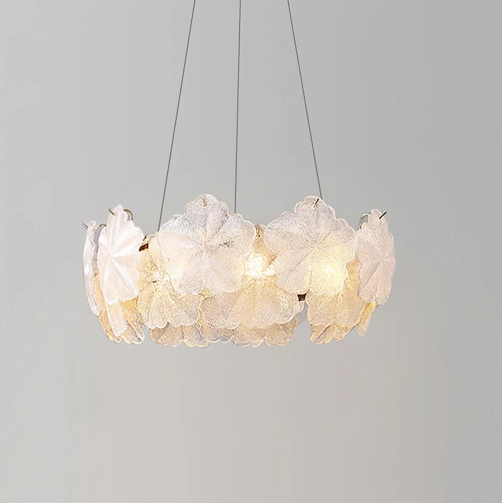 Illuminated Modern White Rounded Petal Art Glass Single-Tier Chandelier Studio Shot