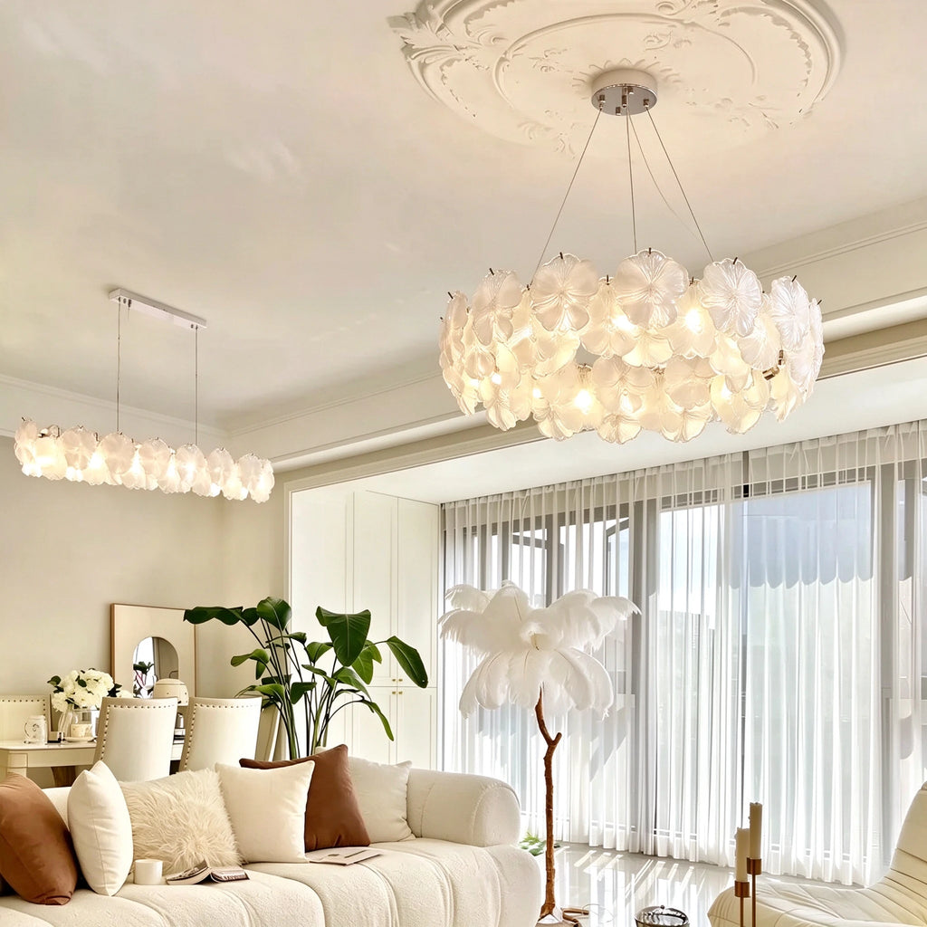 Modern White Rounded Petal Art Glass Multi-Tier Chandelier in Contemporary Living Room