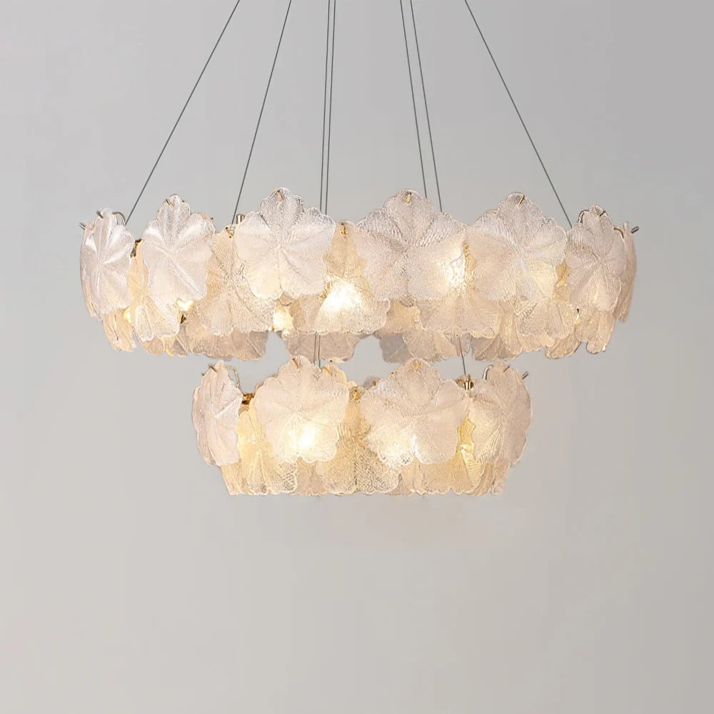 Illuminated Modern White Rounded Petal Art Glass Multi-Tier Chandelier Studio Shot