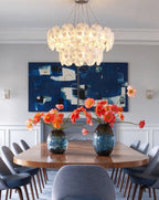 Modern White Rounded Petal Art Glass Multi-Tier Chandelier in Elegant Dining Setting