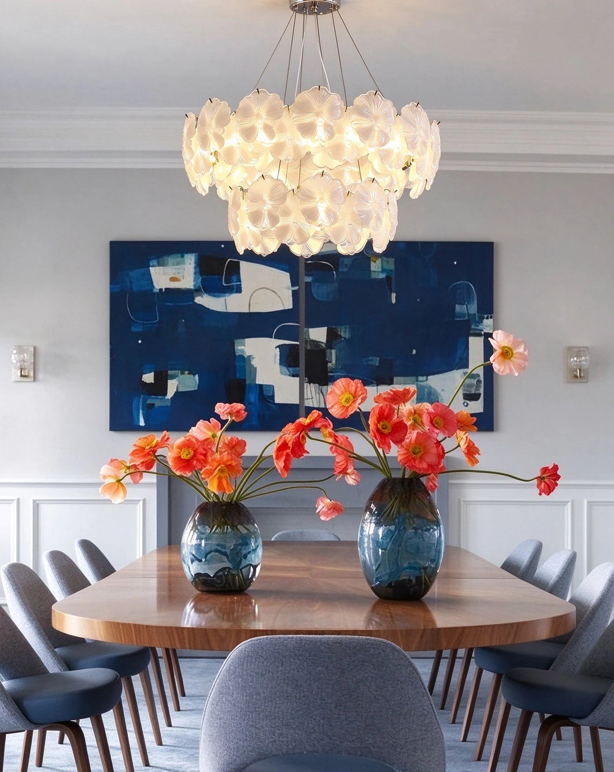 Modern White Rounded Petal Art Glass Multi-Tier Chandelier in Elegant Dining Setting