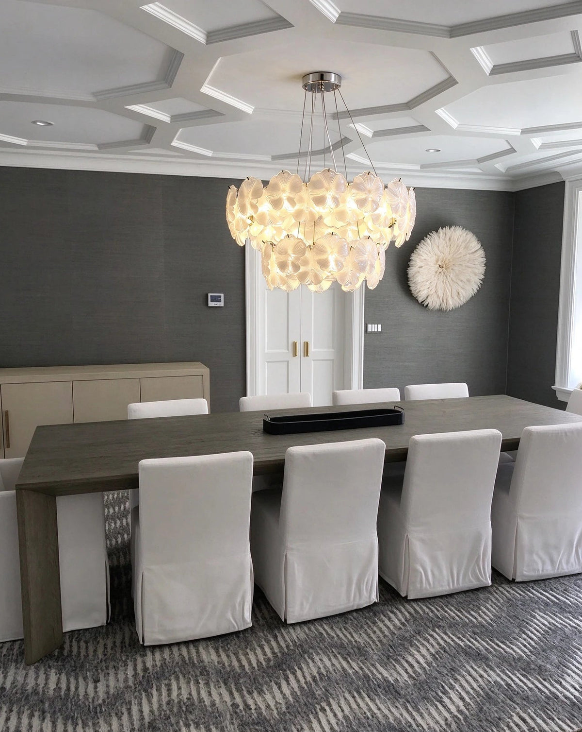 Modern White Rounded Petal Art Glass Multi-Tier Chandelier in Luxury Dining Area