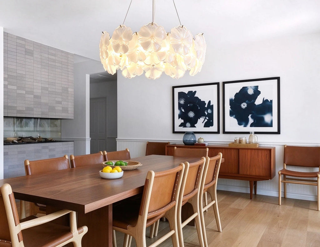 Modern Brass White Rounded Petal Multi-Tier Chandelier in Open Plan Dining Setting