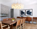 Modern Brass White Rounded Petal Multi-Tier Chandelier in Open Plan Dining Setting