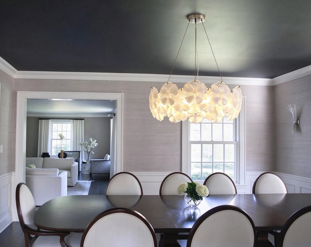 Modern Brass White Rounded Petal Multi-Tier Chandelier in Elegant Dining Setting