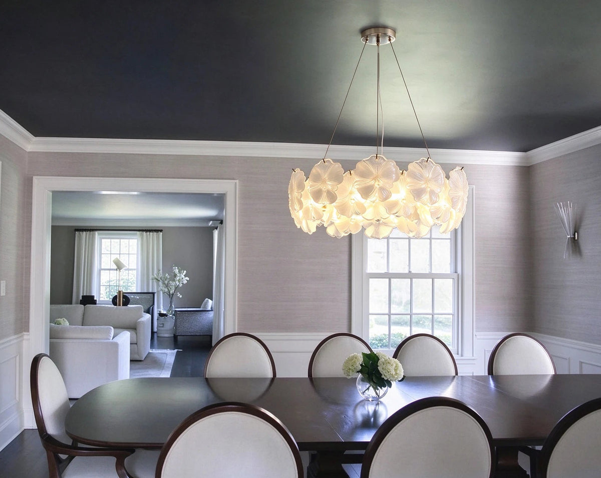 Modern Brass White Rounded Petal Multi-Tier Chandelier in Elegant Dining Setting