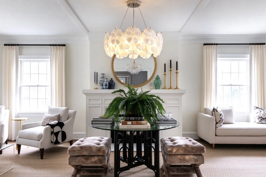 Modern Brass White Rounded Petal Multi-Tier Chandelier in Grand Hallway Foyer