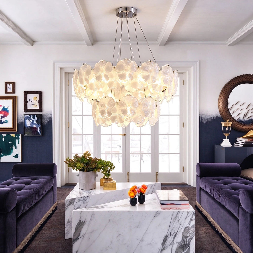 Modern White Rounded Petal Art Glass Multi-Tier Chandelier in Formal Living Room