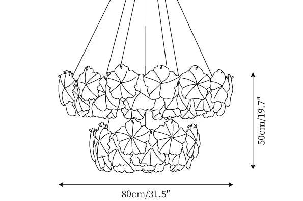 Modern White Rounded Petal Art Glass Multi-Tier Chandelier Line Art Dimension Diagram