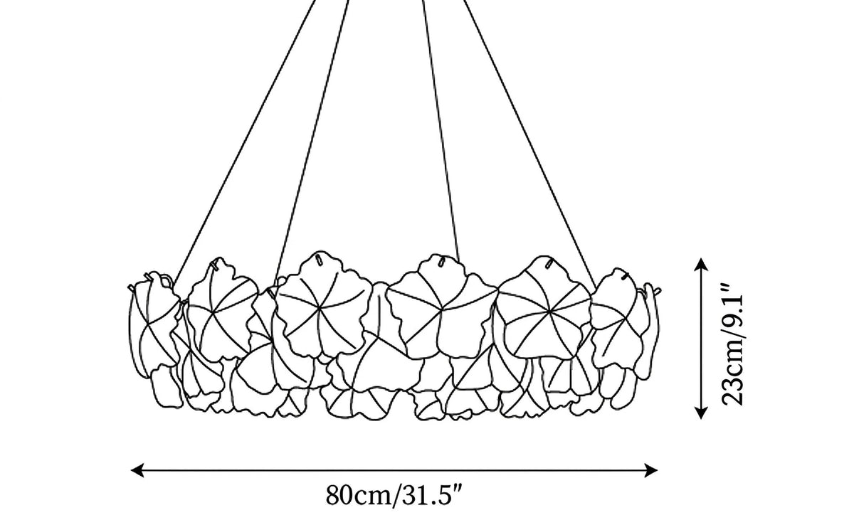 Modern Medium White Rounded Petal Art Glass Chandelier Line Art Dimension Diagram