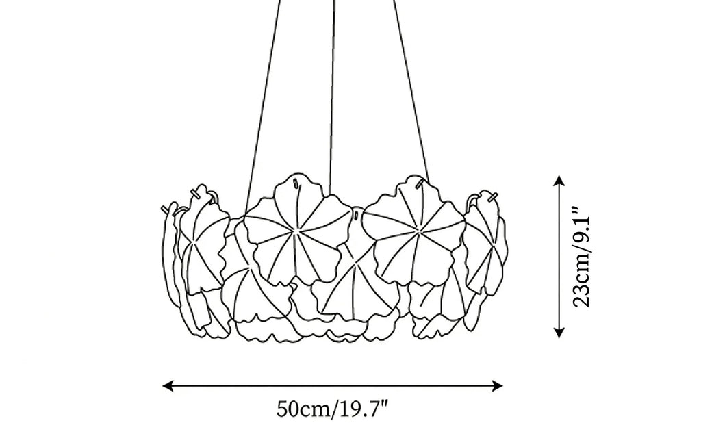 Modern Small White Rounded Petal Art Glass Chandelier Line Art Dimension Diagram