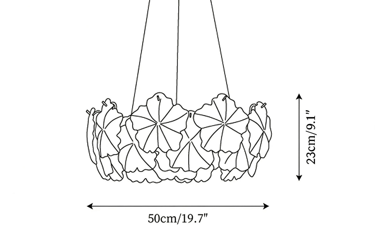 Modern Small White Rounded Petal Art Glass Chandelier Line Art Dimension Diagram