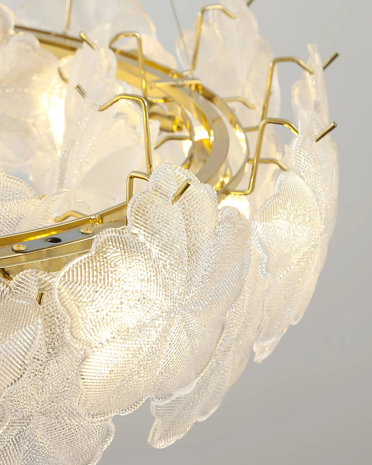 Close Up View of Illuminated White Rounded Petal Art Glass Texture and Glow
