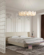 Modern Brass White Rounded Petal Multi-Tier Chandelier in Master Bedroom Setting