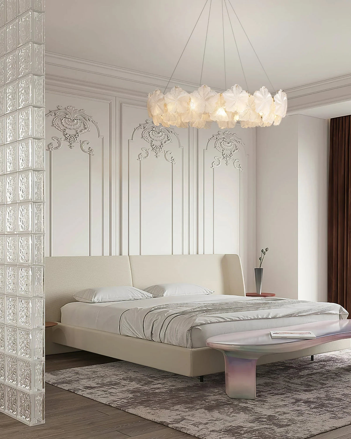 Modern Brass White Rounded Petal Multi-Tier Chandelier in Master Bedroom Setting
