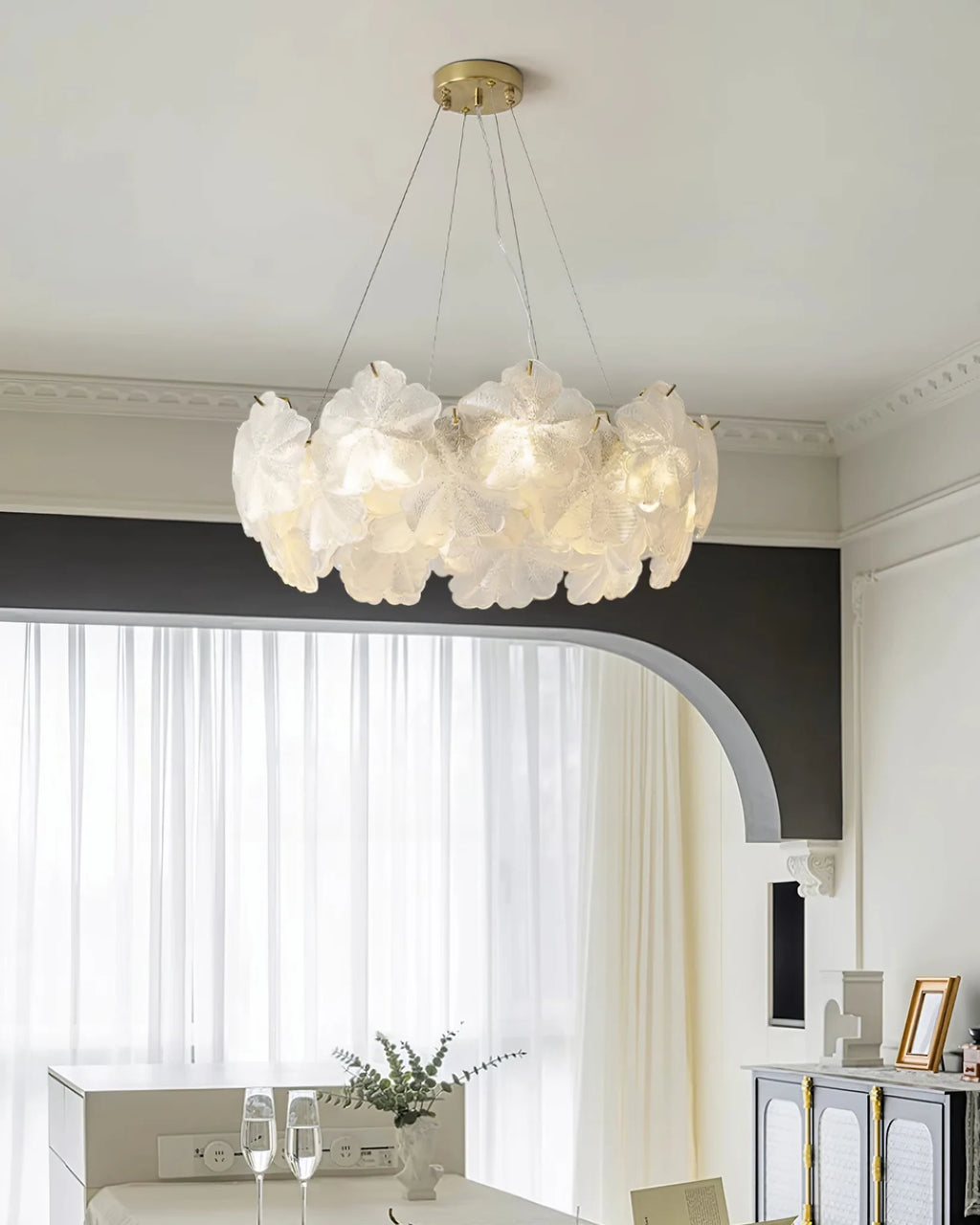 Modern White Rounded Petal Art Glass Multi-Tier Chandelier in Bright Living Space