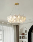 Modern Brass White Rounded Petal Multi-Tier Chandelier in Classic Architecture Interior