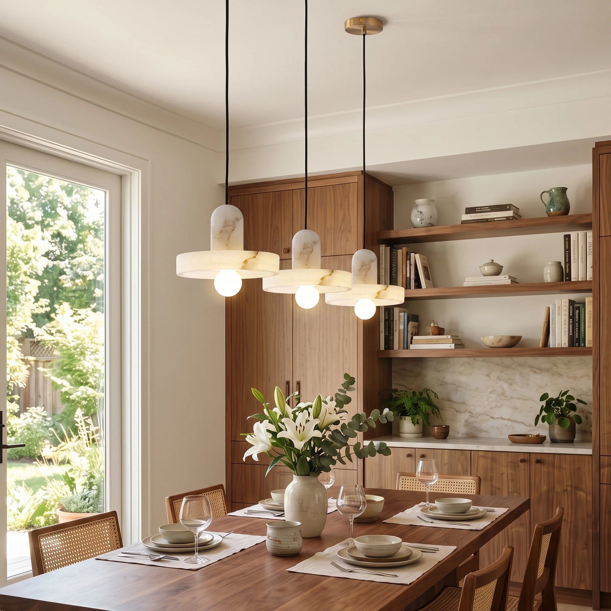 Modern Alabaster Art Glass Pendant Lights Over Dining Room Table