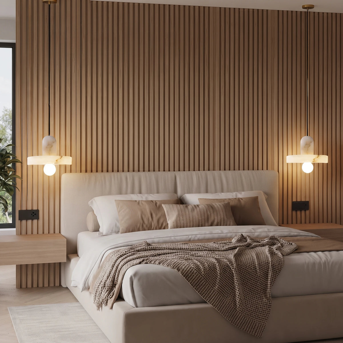Modern Alabaster Pendant Lights Over Bedroom Bedside