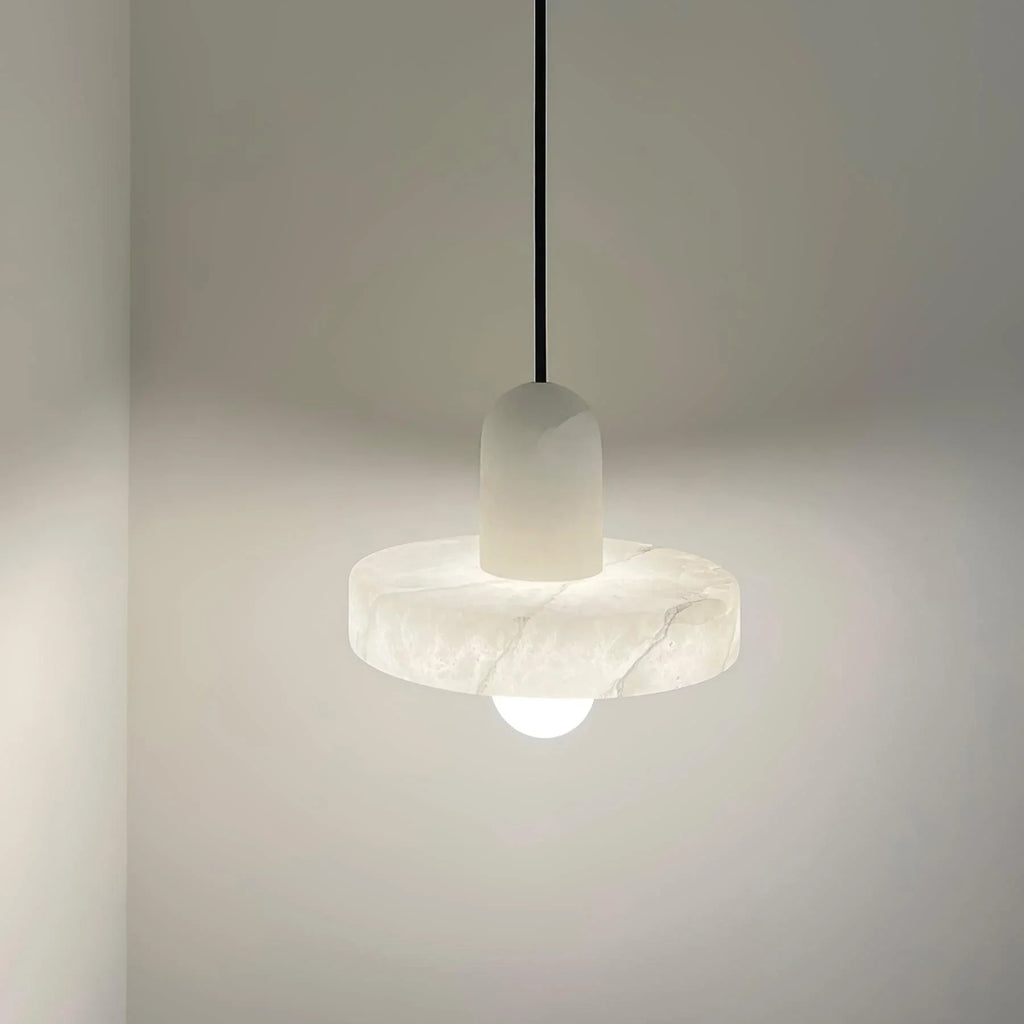 Front View of Illuminated Modern Alabaster Pendant Light