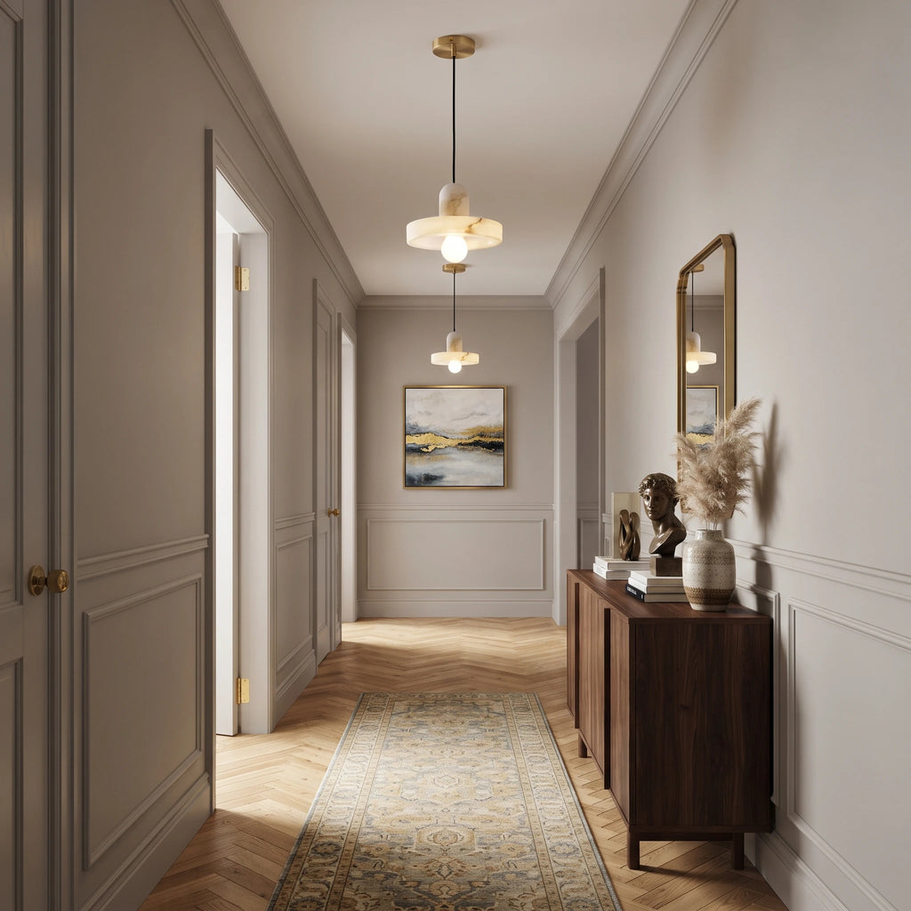 Modern Alabaster Pendant Lights Along Hallway Corridor
