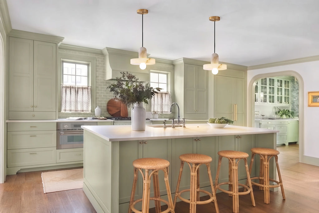 Modern Alabaster Pendant Lights Over Kitchen Island