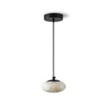 Modern Flat Round Alabaster Art Glass Pendant Light with Black Canopy on Pure White Background