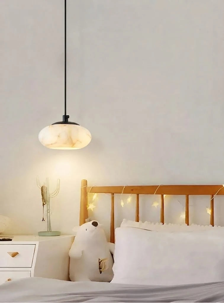 Modern Alabaster Pendant Light Over Bedroom Bedside