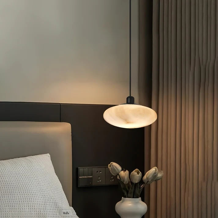 Modern Flat Round Alabaster Art Glass Pendant Light in Master Bedroom